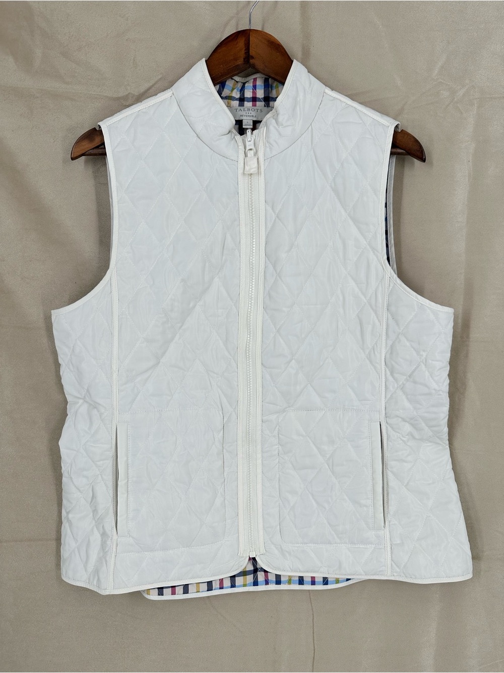 TALBOTS Lightweight Quilted Reversible Vest Mock Neck Multi-Colored Cream White